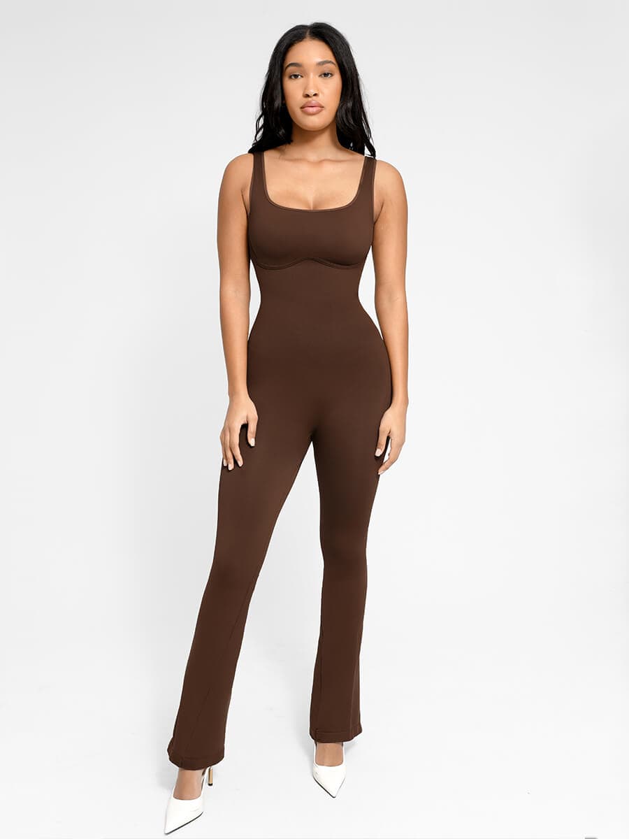 Square Neck U-Back Flare Jumpsuit with Seamless Design