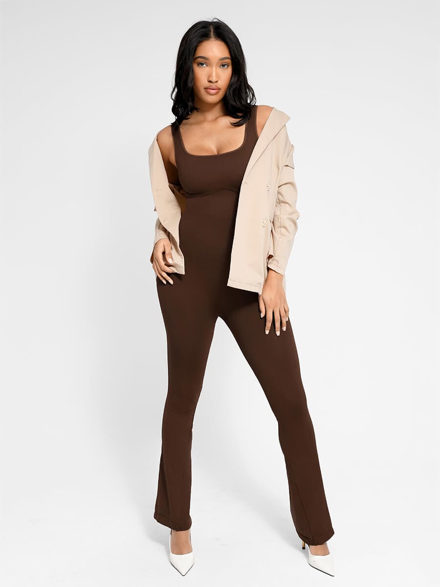 Square Neck U-Back Flare Jumpsuit with Seamless Design