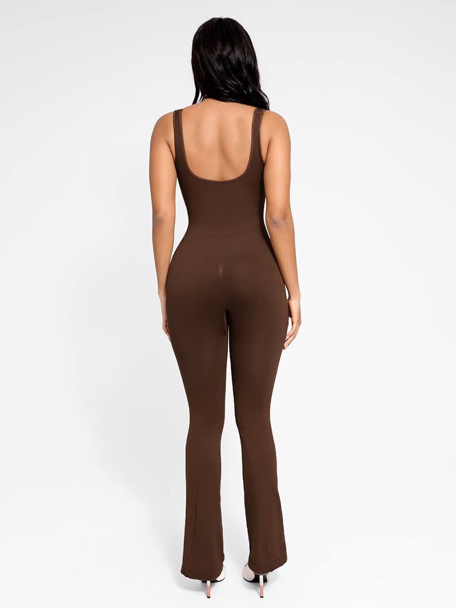 Square Neck U-Back Flare Jumpsuit with Seamless Design