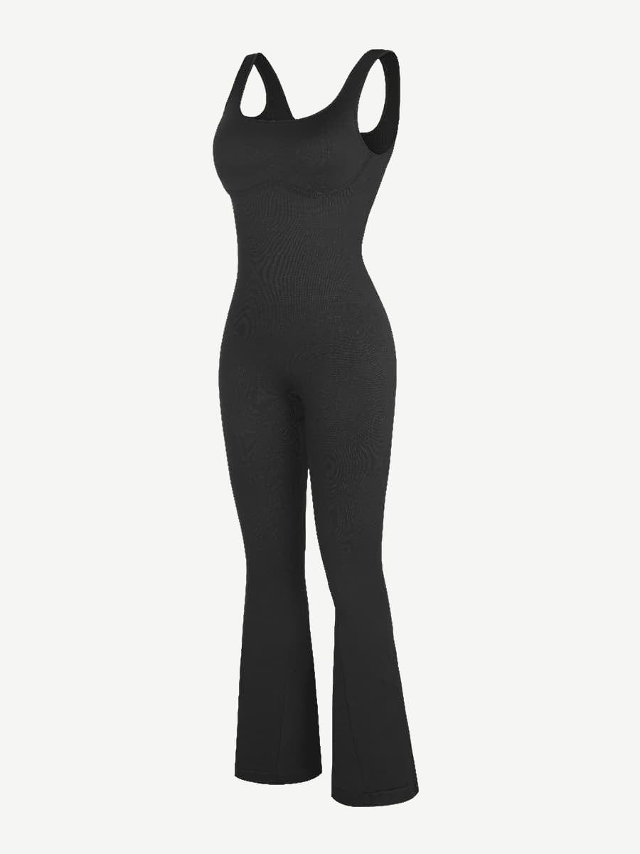 Square Neck U-Back Flare Jumpsuit with Seamless Design