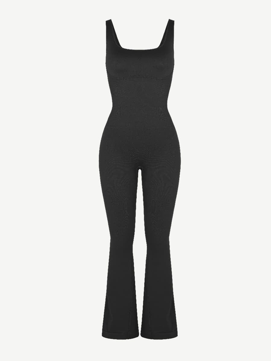 Square Neck U-Back Flare Jumpsuit with Seamless Design