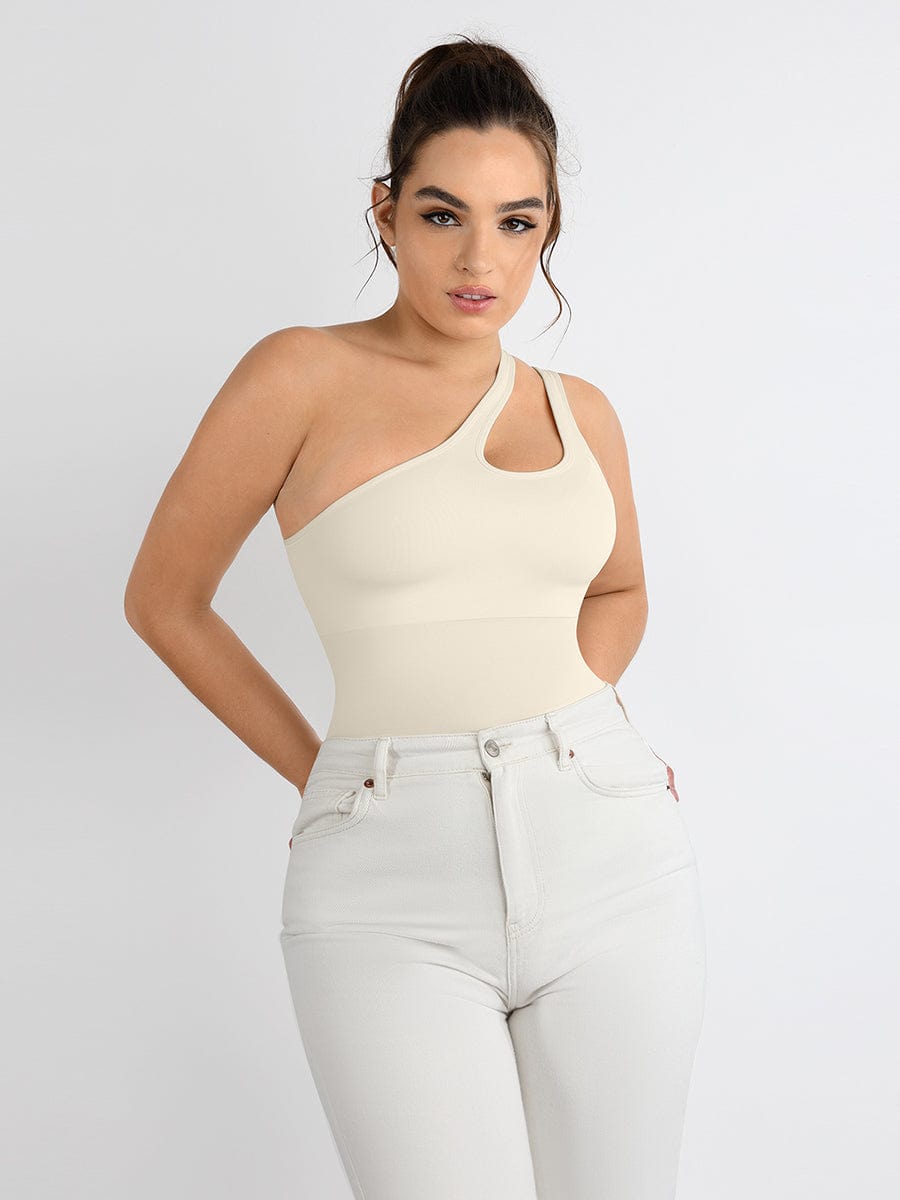 Asymmetrical Cut-Out Bodysuit with Waist & Abdomen Compression