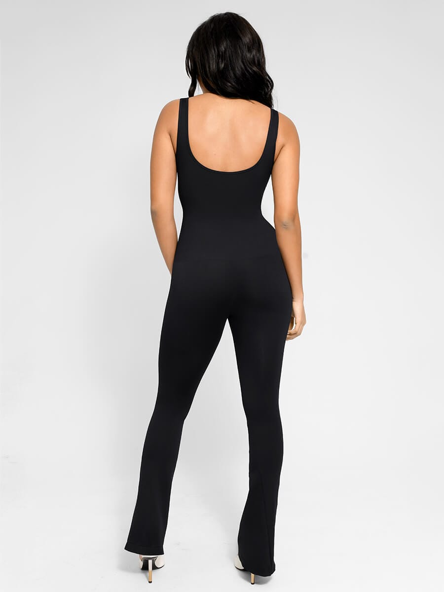 Square Neck U-Back Flare Jumpsuit with Seamless Design