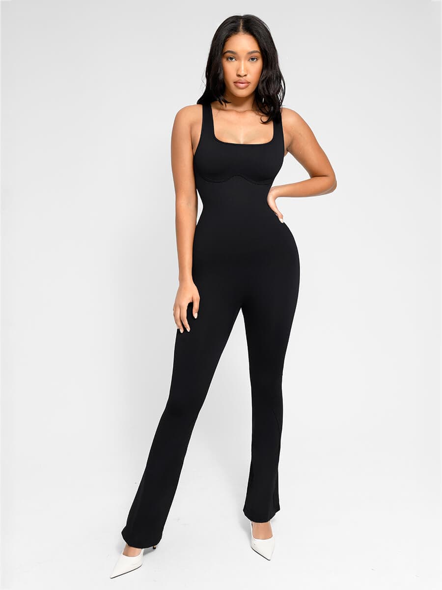 Square Neck U-Back Flare Jumpsuit with Seamless Design